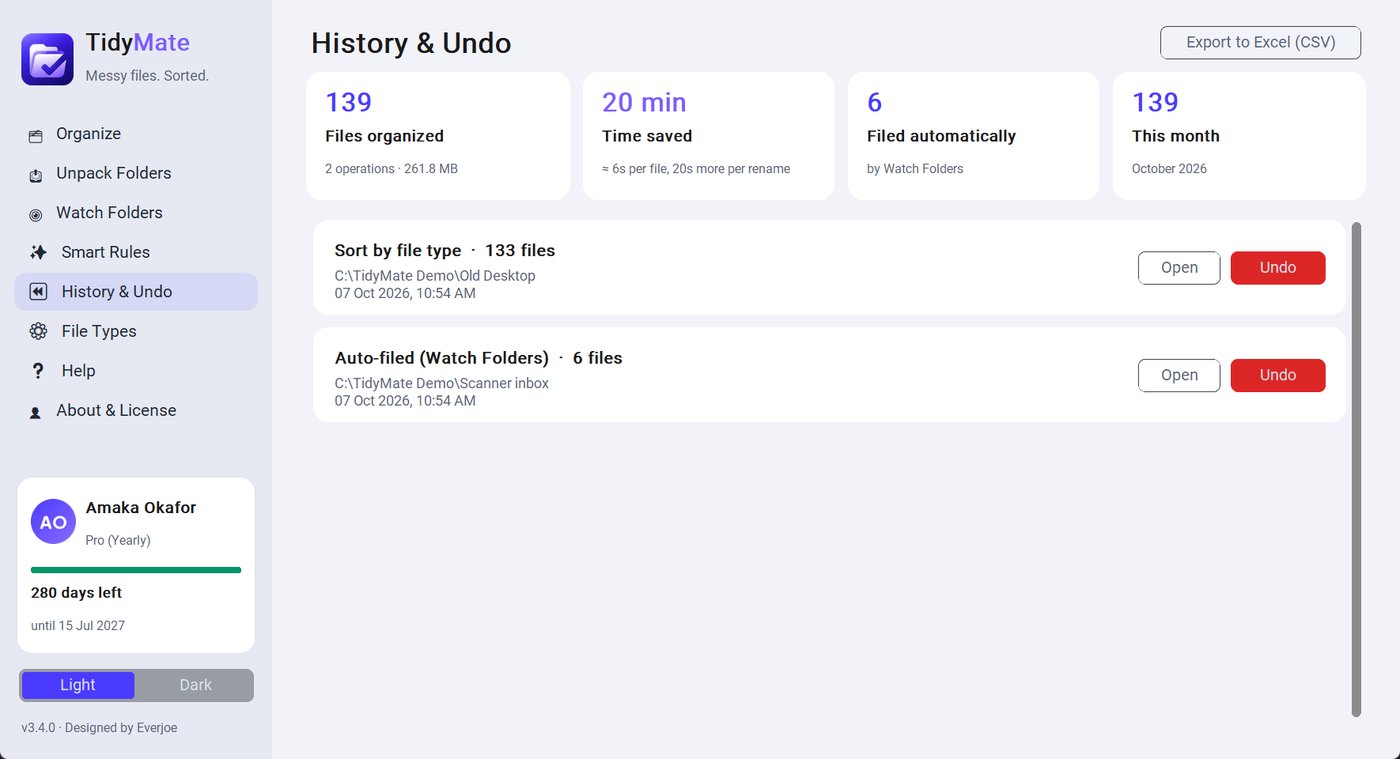 History with Insights, Undo and CSV export