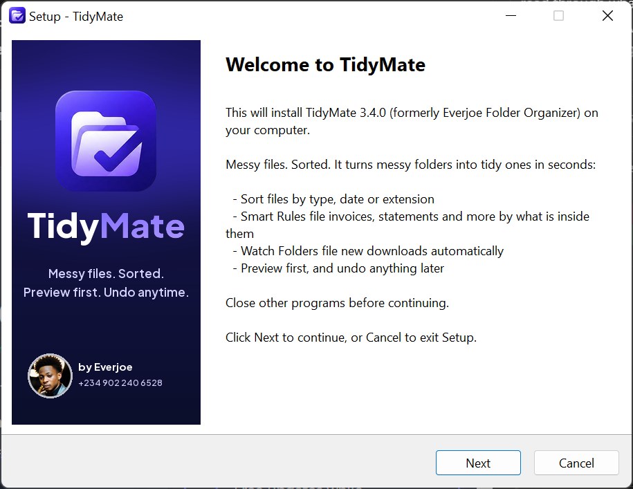 The TidyMate installer welcome screen